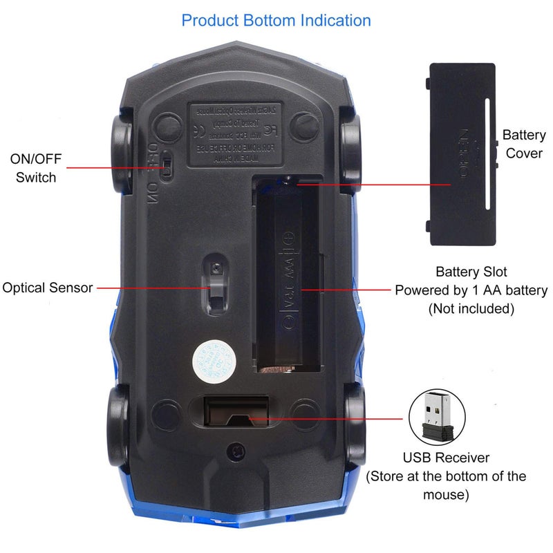 CHUYI Cool Sports Car Shaped Wireless Mouse 1600DPI Cordless Optical Mice with USB Receiver for Office School Home Travel, for PC Laptop Computer Gift (Blue-1 Pack) - Image 5